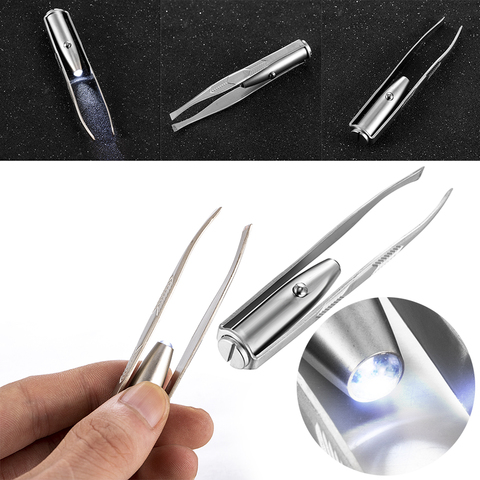 Pinzas con LED para quitar el pelo de pestañas y cejas, Pinzas de acero inoxidable, 1 unidad ► Foto 1/6