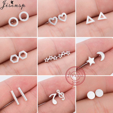 Pendientes de tuerca de Plata de Ley 925 auténtica para mujer, joyería minimalista, aretes redondos de corazón hexagonales triangulares geométricos ► Foto 1/6