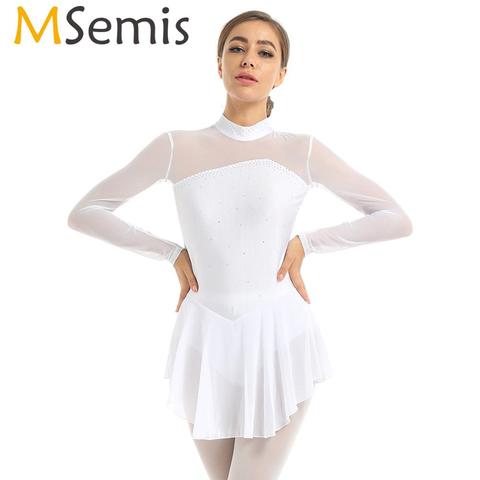 MSemis nuevas mujeres figura hielo patinaje vestido brillante strass ver a través de manga larga leotardo para gimnasia Ballet danza ► Foto 1/6