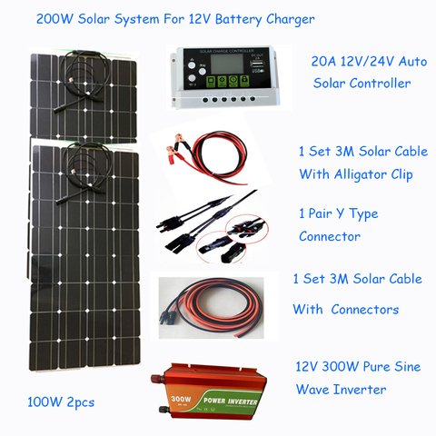 200 W completamente sistema solar 2 piezas flexible panel solar 100 W 1 Unidades Controlador solar y cable solar DIY kit para 12 V batería ► Foto 1/6
