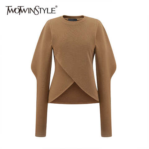 TWOTWINSTYLE-camisetas blancas informales minimalistas para mujer, blusa ajustada de manga abombada con cuello redondo, talla grande, moda de otoño 2022 ► Foto 1/6