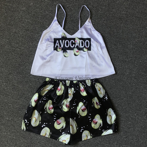 Pijamas de aguacate para mujer, ropa de dormir Sexy de seda, de satén, con estampado animal, cuello en V, traje para casa, Verano ► Foto 1/6