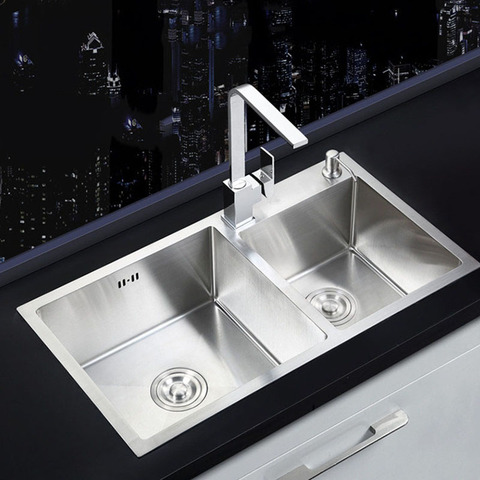 Fregadero de cocina de acero inoxidable SUS304, lavabo doble cepillado hecho a mano con montaje superior, para Accesorio con grifo y accesorios de tensión ► Foto 1/6