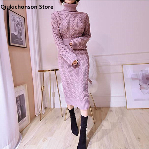 Qiukichonson-Vestido largo de estilo coreano para mujer, Vestido largo de cuello alto Vintage con cinturón, vestidos tejidos trenzados para Otoño e Invierno ► Foto 1/6