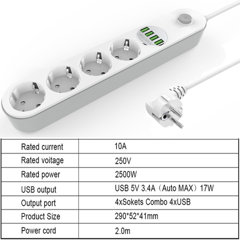 Regleta de alimentación con enchufe de la UE, enchufe USB de carga rápida, Cable extensor eléctrico Universal, Cable de extensión para el hogar y la Oficina, filtro de red ► Foto 1/6