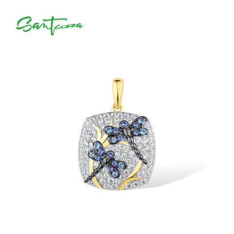 SANTUZZA colgante de plata para las mujeres genuino 925 Sterling plata brillante CZ elegante libélula azul cuadrado delicado de moda de la joyería ► Foto 1/6