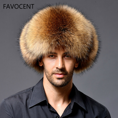 Sombrero Bomber de cuero ruso para hombre, gorros de invierno con orejeras, gorro con orejera, con orejera, mapache Natural, cálido, piel de zorro gruesa, negro, nuevo ► Foto 1/6