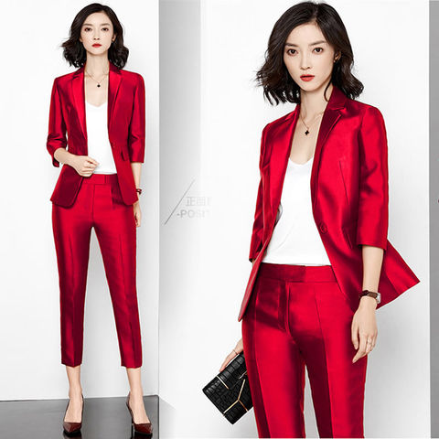 Chaquetas de negocios para mujer, trajes de estilo elegante con muescas en rojo y rosa, pantalones ajustados, conjuntos de ropa negros OL NS75 ► Foto 1/6