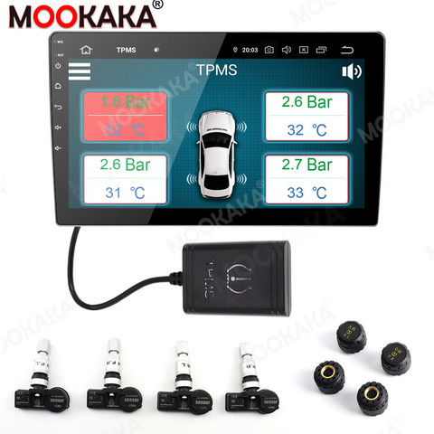 MOOKAKA-Sistema de Monitoreo de presión de neumáticos de coche, TPMS inalámbrico con 4 sensores externos aptos para Android 6.0.7.1 8,0 9,0/9,1/10,0 ► Foto 1/6