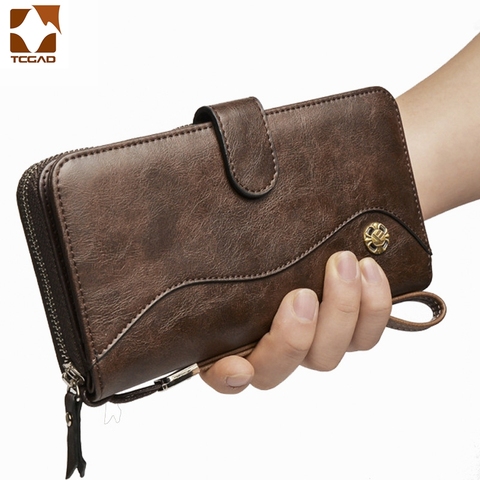 Cartera de cuero con cremallera para hombre, billetera masculina de cuero con cremallera de gran capacidad, con correa de mano, lujosa cartera de negocios de calidad ► Foto 1/6