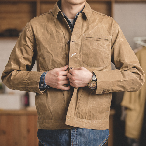 MADEN, Chaqueta de algodón encerada retro para hombre, uniforme militar, chaqueta de trabajo informal ligera, chaqueta caqui delgada para hombre ► Foto 1/6