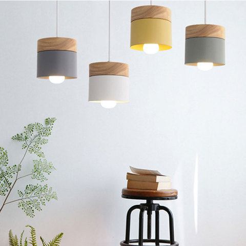 Lámpara colgante de hierro y madera para el hogar, luz LED nórdica sencilla E27, luces colgantes de macarrón modernas para decoración del hogar ► Foto 1/6