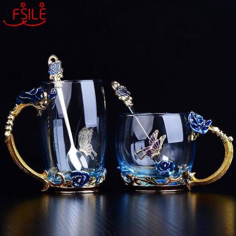 Taza de café esmaltada de belleza y novedad, tazas de vidrio para té con flores para bebidas calientes y frías, juego de cucharas y tazas de té, regalo de boda perfecto ► Foto 1/6