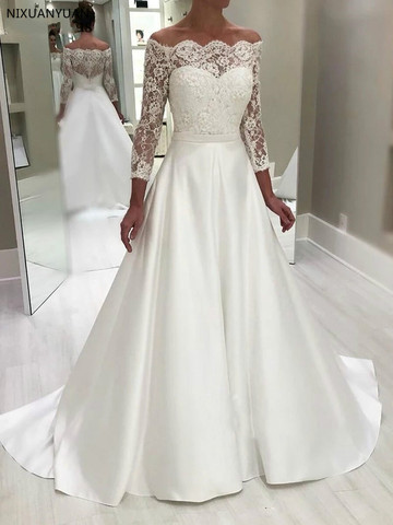 Vestido De Novia clásico De satén con hombros descubiertos, manga larga, botón, espalda ► Foto 1/6