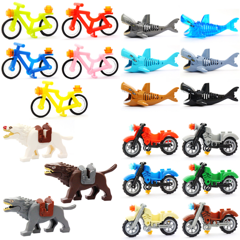 Figuras de la serie de animales para niños, tiburón, motocicleta, bicicleta, Black Pather Wolf, DIY, modelo de bloques de construcción, juguetes educativos ► Foto 1/5