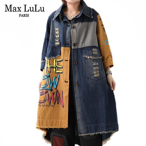 Max LuLu-ropa Punk de estilo coreano para mujer, moda de otoño 2022, gabardinas largas de mezclilla con agujeros, rompevientos Vintage de gran tamaño ► Foto 1/6