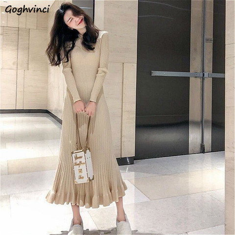 Vestido de manga larga para otoño e invierno, elegante, liso, Midi, 5 colores, combina con todo, moda de punto Ulzzang ► Foto 1/6