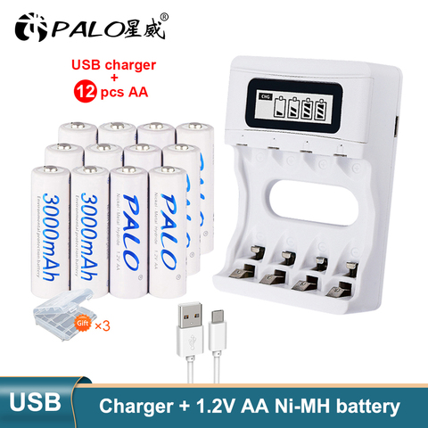 Cargador de batería AA con pantalla LCD de 4 ranuras para pilas aa/AAA + 4 Uds AA 3000mah nimh 1,2 V baterías recargables ► Foto 1/6