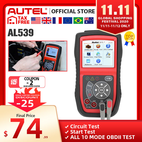 Autel AutoLink AL539-lector de códigos para automóvil OBDII, herramienta de diagnóstico, escáner OBD2, prueba de voltaje eléctrico, medidor AVO, herramientas de prueba de batería ► Foto 1/6