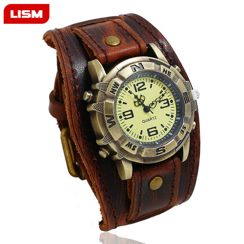 Reloj de pulsera Vintage de cuero genuino para hombre, reloj masculino de pulsera de cuarzo Punk ► Foto 1/6