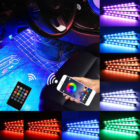 Lámpara de ambiente Interior para coche, luz LED para pie, con USB, Control remoto inalámbrico de música, múltiples modos, decoración automotriz ► Foto 1/6