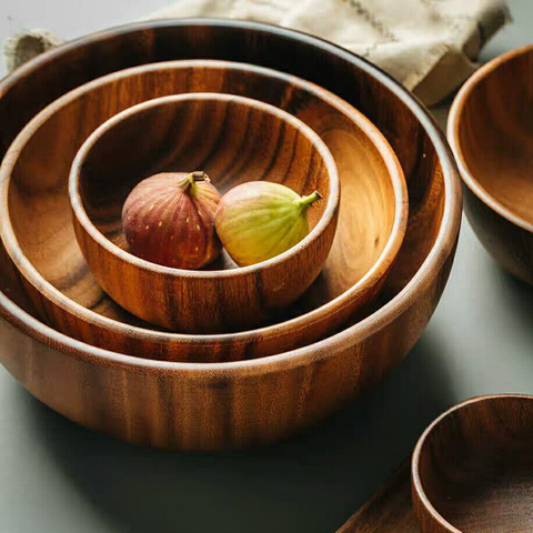 Cuenco de madera Natural hecho a mano para ensalada, utensilios de cocina de madera de Acacia redonda y grande, platos tipo tazón ► Foto 1/6
