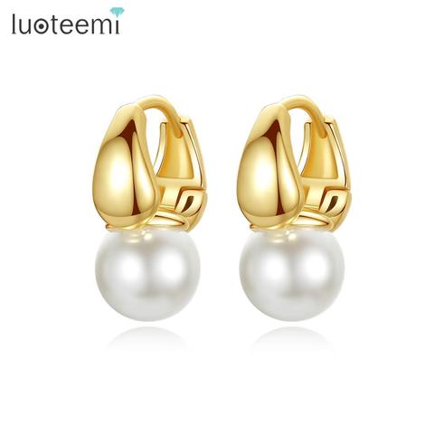 LUOTEEMI-pendientes de Aro para mujer, regalos de cumpleaños de la vida diaria, pendiente de perlas de imitación blancas, joyería ► Foto 1/6