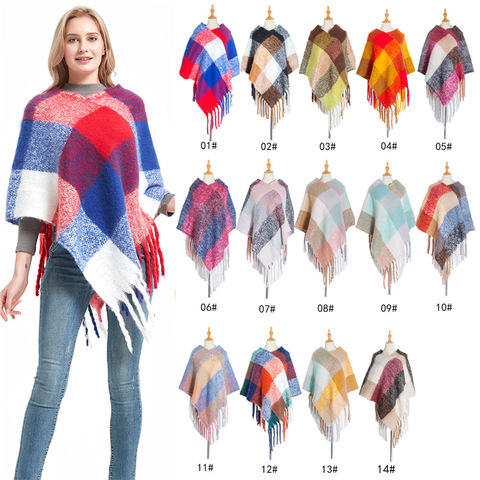 Poncho cuadrado a cuadros para mujer, bandana de pashmina gruesa de Cachemira, manta de punto, chales cálidos y suaves de invierno, 2022 ► Foto 1/6