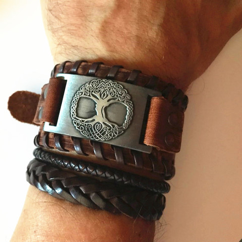 Skyrim-pulsera Vintage de cuero y Metal para hombre, brazalete ajustable con amuleto de árbol de la vida ► Foto 1/6