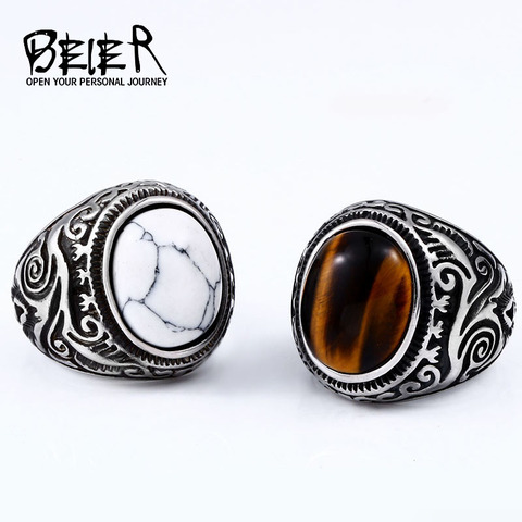 BEIER-anillo Vintage ovalado de acero inoxidable para hombre y niño, joyería con piedras marrones, accesorios para hombre, Anel Aneis BR8-699 ► Foto 1/5