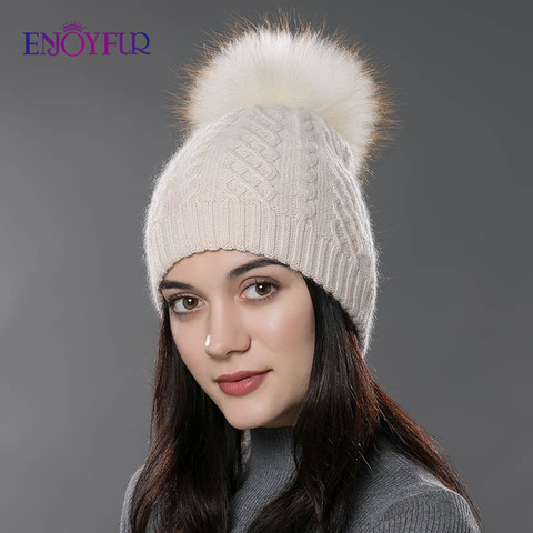 ENJOYFUR-Gorro con pompón de piel de Invierno para mujer, gorro de algodón y lana de Cachemira, Gorro con pompón grande de piel de mapache Real, gorro con bobble de piel de zorro ► Foto 1/6