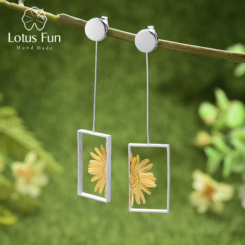 Pendientes colgantes rectangulares de margaritas en el sol para mujer, Lotus Fun, joyería fina hecha a mano, Plata de Ley 925 auténtica ► Foto 1/6