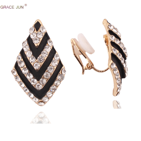 GRACE JUN oro nuevo Color negro Color forma de Clip en pendientes para las mujeres elegantes pendientes de Clip Diamante de imitación pendientes a presión ► Foto 1/6