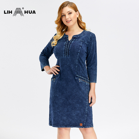 LIH HUA vestido de mezclilla de talla grande para mujer vestido de ajuste delgado de alta flexibilidad vestido Casual hombreras para ropa ► Foto 1/6