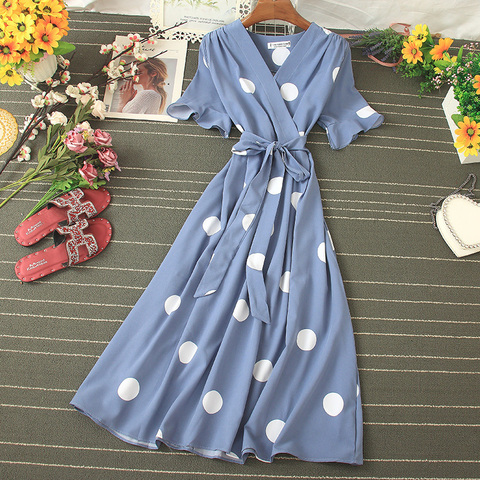 Vestido Midi Vintage de lunares para mujer, Vestidos sexis informales de manga acampanada con cuello de pico, elegantes con fajas azules/blancas para Verano del 2022 ► Foto 1/6