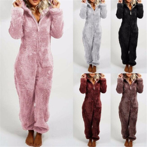 Pijamas cálidos de invierno para mujer, enterizos de vellón mullido, monos, ropa de dormir, conjunto de pijama de talla grande con capucha para mujer adulta ► Foto 1/6