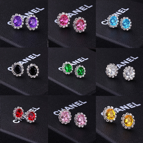 Pendientes de tuerca brillantes para mujer y niña, pendientes de cristal de zirconio, ovalados, coloridos, simples, joyería coreana ► Foto 1/6