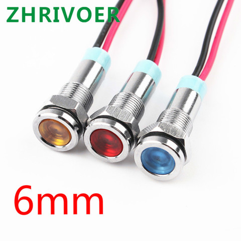 Luz de indicador LED de Metal de cabeza plana, lámpara de señal impermeable con cable, rojo, amarillo, azul, verde, blanco, 6mm, 6V, 12V, 24V, 220v, 1 uds. ► Foto 1/4