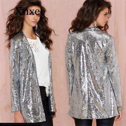 De plata blazer de lentejuelas chaqueta Bling oro plata negro de manga larga de las mujeres elegante abrigo de traje de club de noche brillante Punk prendas de vestir ► Foto 1/6