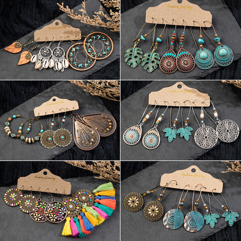 Pendientes de gota de agua etnnic retro encantador Vintage, conjunto de pendiente con forma de hoja con gancho francés, accesorios de joyería de mujer ► Foto 1/6