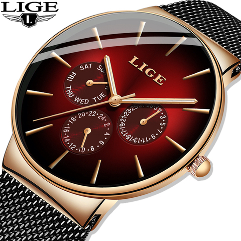 LIGE-Reloj de pulsera ultrafino para mujer, nuevo accesorio de moda, relojes de cuarzo de lujo de marca superior, de malla de acero, resistente al agua ► Foto 1/6