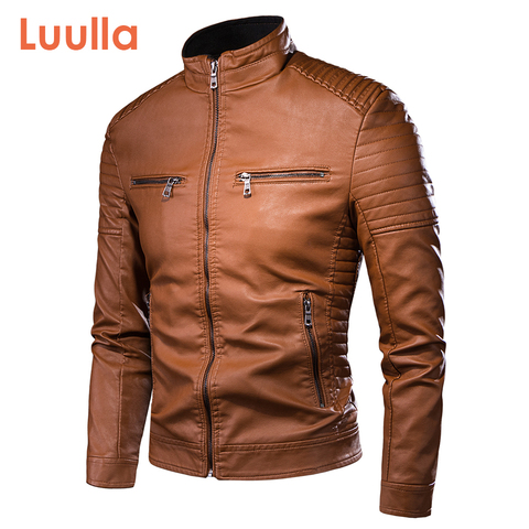 Luulla-Chaqueta de cuero sintético con cremallera para hombre, abrigo informal Vintage de piel sintética con bolsillo para motorista ► Foto 1/6