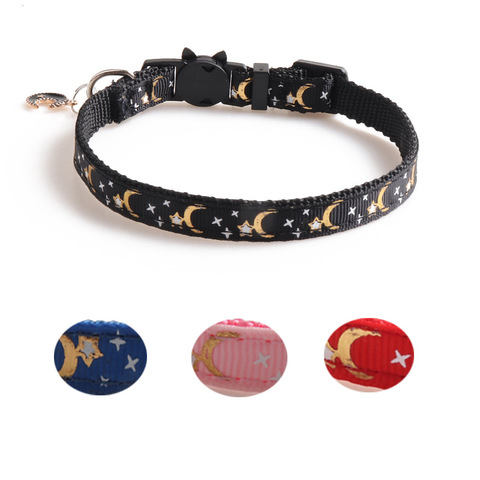 Collares de gato con colgante luna y estrella, collar ajustable para cachorro, gatito, patrón de frutas, conejo, con campanas ► Foto 1/6