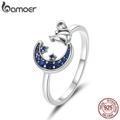 Bamoer-Anillo de plata de primera ley con forma de luna y gato para mujer, sortija ajustable, plata esterlina 925, estilo Primavera, 2022 ► Foto 1/6