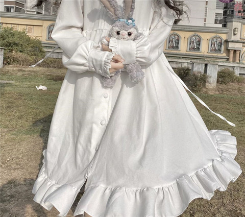 Vestido de fiesta de princesa de estilo japonés, con cuello Peter Pan, bolsa blanca, bonito, Kawaii, con volantes largos, primavera y otoño ► Foto 1/6