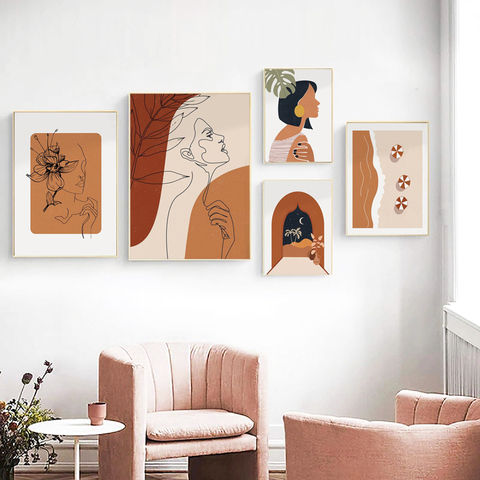 Pintura abstracta de una línea de cara de mujer, arte de pared de terracota naranja quemada, lienzo estampado de mediados de siglo, imagen Bohemia, decoración para sala de estar ► Foto 1/6