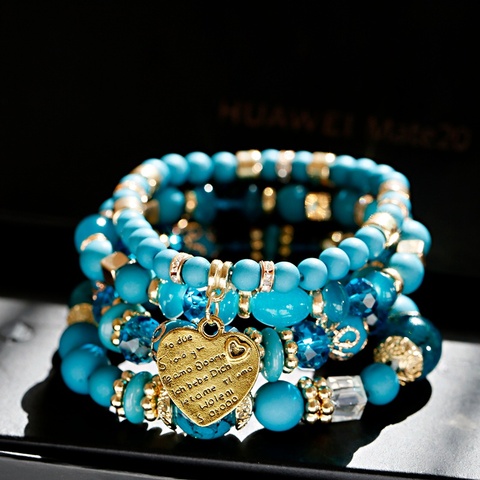 4 unids/set moda Boho azul pulseras y brazaletes verano de las mujeres de oro corazón pulsera de cuentas de piedra colorida pulsera para las mujeres ► Foto 1/6