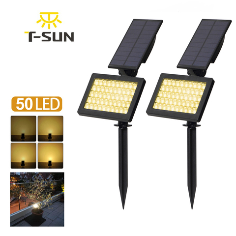 2 PACK de focos solares 50 LED de paisaje al aire libre luz de pared impermeable IP44 blanco cálido 3500 K luces solares ajustables para jardín ► Foto 1/6