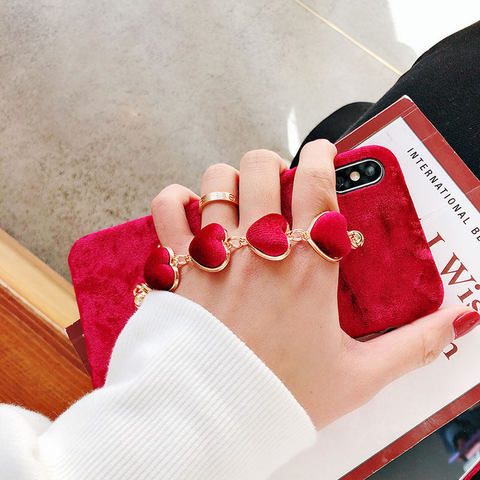 Funda de terciopelo cálida para iPhone 11 Pro Max X XS XR 6 7 8 Plus 12, funda suave con cadena y pulsera de corazón de amor para mujer ► Foto 1/6