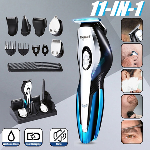 KEMEI hombres máquina de afeitar eléctrica recargable para el pelo 11 en 1 pelo Clipper máquina de afeitar eléctrica de barba Trimmer nariz 5 ► Foto 1/6